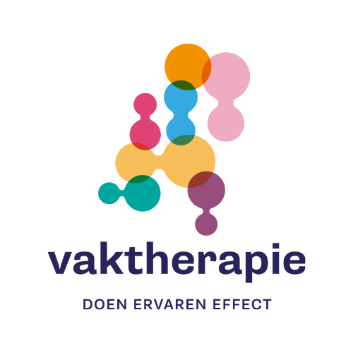 Logo van Vaktherapie met allerlei gekleurde cirkels en de tekst 'doen, ervaren, effect'.