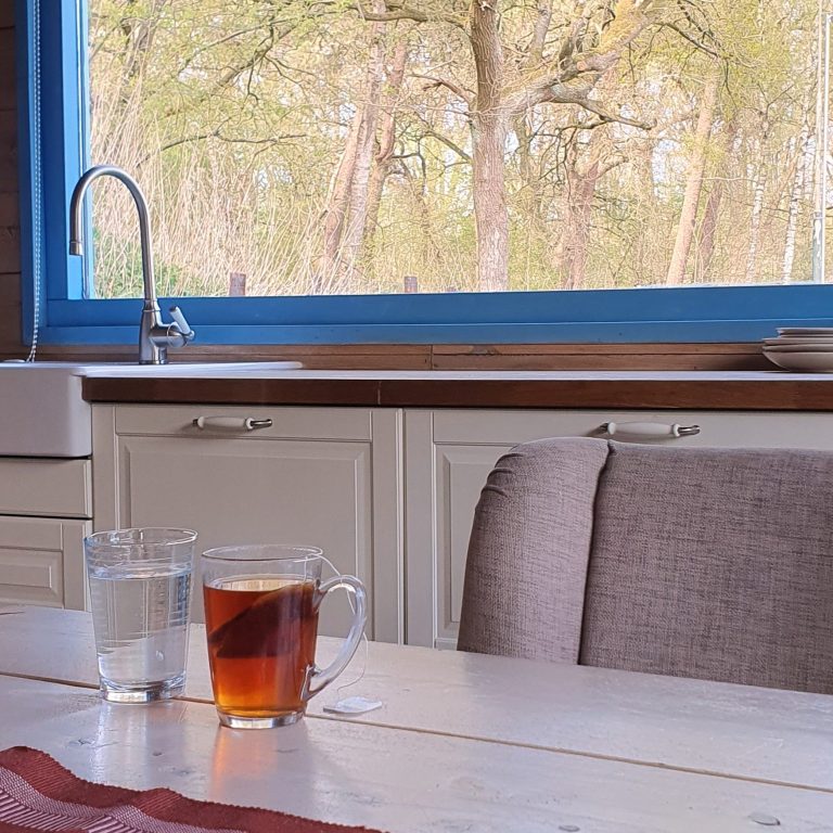 Kopje thee en water op tafel met uitzicht vanuit de blokhut op het bos.